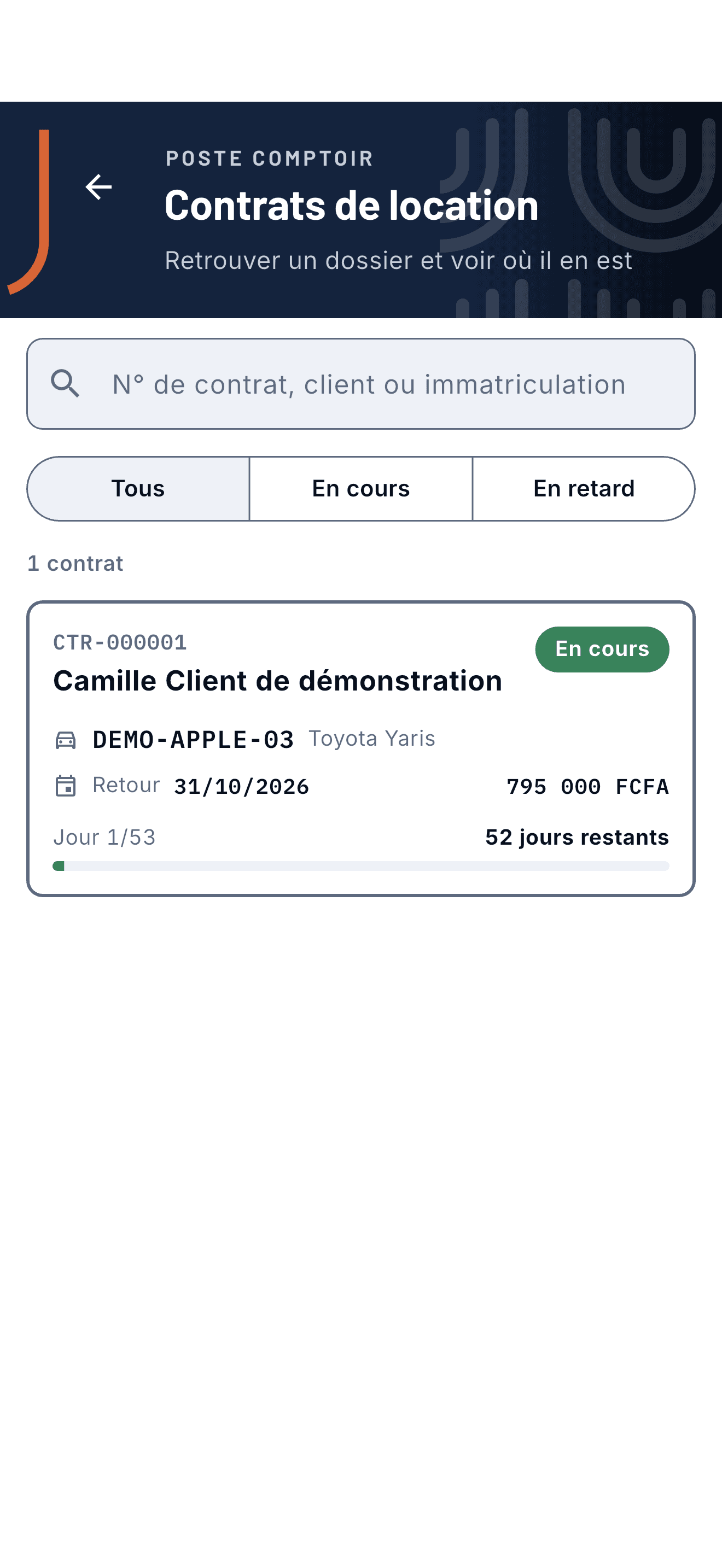 Capture du poste Comptoir Android montrant la liste et le suivi des contrats de location